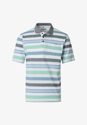 Kortærmet polo med vandrette striber i hvid, lyseblå, mintgrøn og grå, med en grå krave og en brystlomme foran.