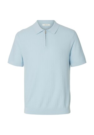 Polo shirt azzurro chiaro a maniche corte, texture a coste, con colletto zip e orlo solido. Realizzato in tessuto morbido per il massimo comfort.