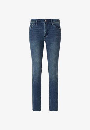 Blaue Slim-Fit-Jeans mit Knopf- und Reißverschluss, Taschen vorne und hinten sowie dezenten, ausgewaschenen Details an Oberschenkeln und Knien.
