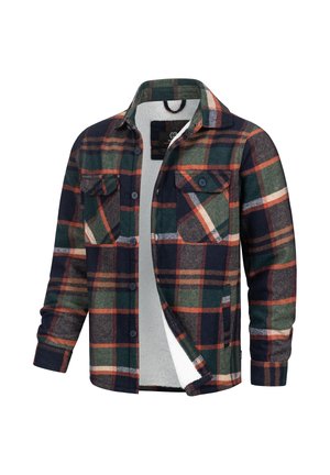 Flannel shirt featuring a multicolored plaid design in navy, green, and orange, with buttoned chest pockets and a fluffy white lining.