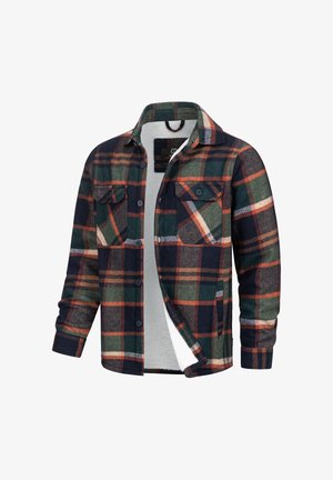 Flanellen overhemd met een meerkleurig ruitpatroon in marineblauw, groen en oranje, met knoopzakken op de borst en een fluffy witte voering.