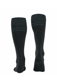 Calze nere al ginocchio con una texture liscia, caratterizzate da strisce orizzontali grigie scure nella parte superiore per un tocco di stile.