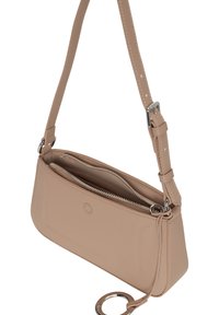 Beige Leder Umhängetasche mit einem Reißverschluss, zwei Fächern und einem verstellbaren Gurt. Mit einem runden Akzentdetail.