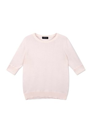 Lichtroze gebreide trui met korte mouwen, ronde halslijn en geribbelde manchetten en zoom, met het label "REPEAT" aan de binnenkant van de kraag.