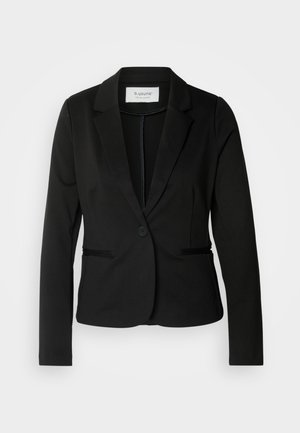 Svart blazer med klassisk revers, en knapp lukking og to frontlommer. Laget av et glatt stoff med en skreddersydd passform.