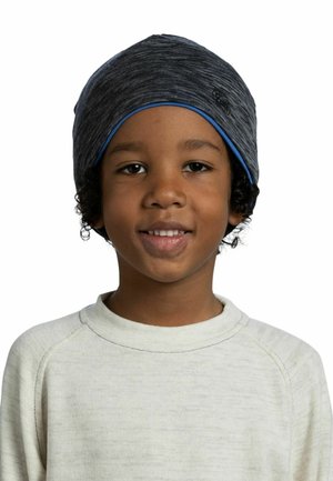 Gray and blue beanie with a soft, textured finish on a child with curly black hair, wearing a cream sweater with a round neckline.