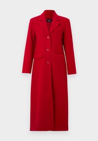 Long red coat with a collar, three buttons, and two front pockets. Made of smooth fabric, it features a tailored design and straight silhouette.
