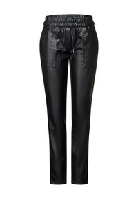Svarta fuskläderbyxor med elastisk midja, dragkedjedetalj och två framfickor. Slim fit med en slät, glänsande yta.