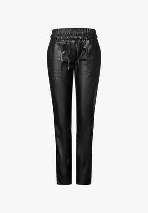 Black faux leather pants with an elastic waistband, drawstring detail, and two front pockets. Slim fit with smooth, shiny texture.
