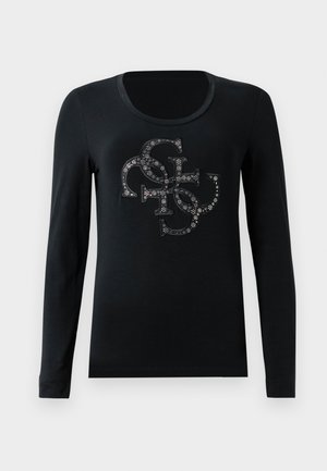 Sort langærmet t-shirt med et dekorativt print med stiliserede bogstaver og sølvdetaljer. Glat stof med rund halsudskæring.