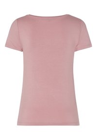 Camiseta rosa corta de tela suave, con mangas cortas, cuello redondeado y una textura lisa sin patrones o detalles adicionales.