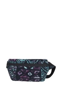 Bolsa de cintura de forro polar con patrones geométricos multicolores en púrpura, azul verdoso y negro. Cuenta con un zipper superior y una correa ajustable.