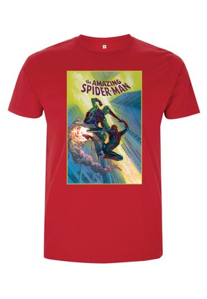 Červené bavlněné tričko s uměním komiksu "Úžasný Spider-Man"; živé barvy, detailní postavy a grafika v komiksovém stylu na přední straně.