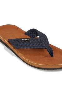 Infradito blu navy con cinturini texturizzati e suola in gomma marrone, caratterizzati da un motivo intrecciato sui cinturini e un accento bianco sul bordo.