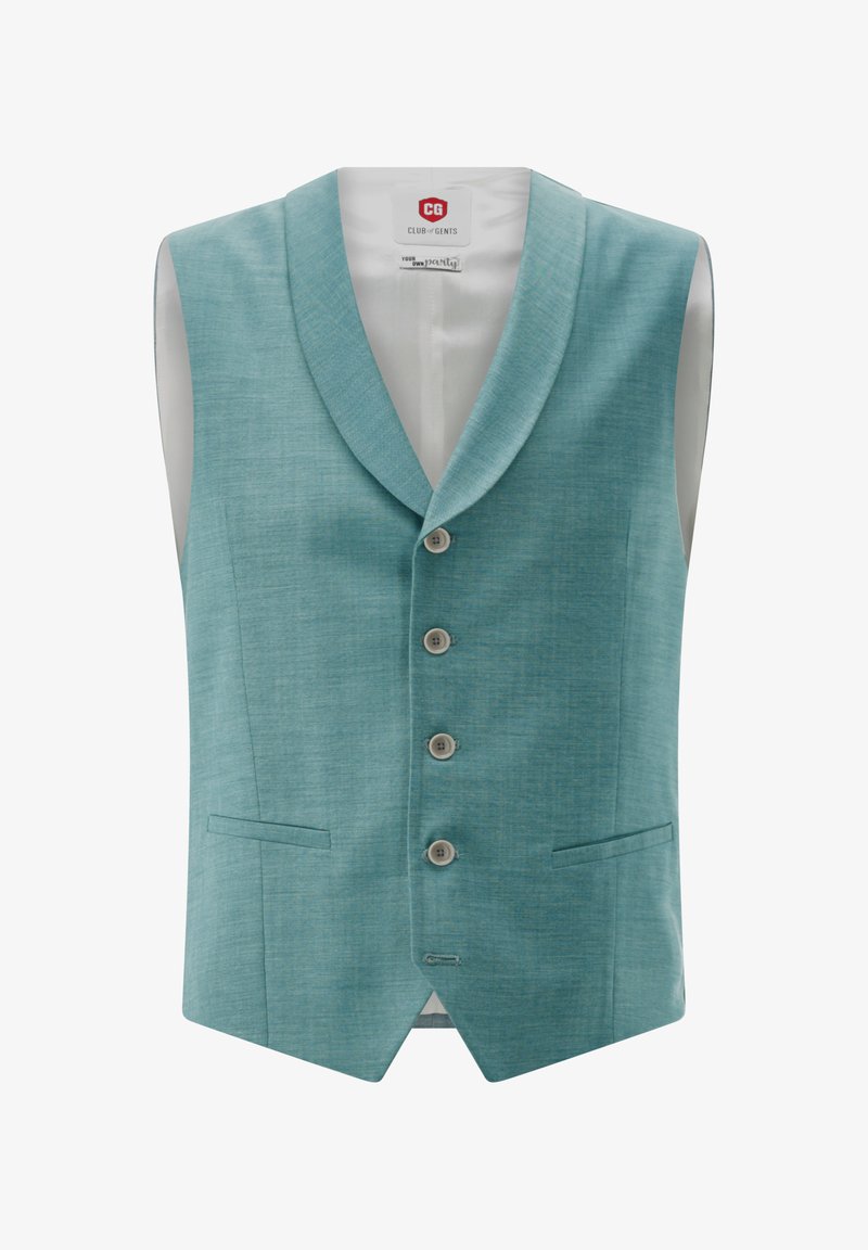 Light blue, sleeveless vest in a textured fabric. Features a shawl collar, five button closures, and two front pockets.
