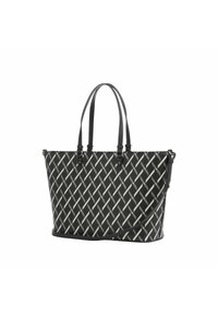 Borsa tote nera con un motivo intrecciato in grigio chiaro. Presenta due manici e una tracolla removibile. Texture liscia con forma strutturata.