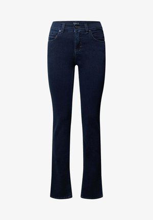 Jeans de mezclilla azul oscuro con un diseño de pierna recta, bolsillos frontales y cierre de botón. Presenta costuras sutiles y una textura suave.