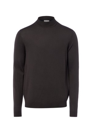 Schwarzer Langarm-Mockneck-Pullover mit gerippten Bündchen und Saum, auf weißem Hintergrund abgebildet.