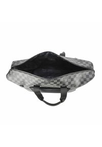 Sac à motifs carreaux gris avec des poignées en cuir noir. Le dessus ouvert met en valeur un intérieur en tissu sombre avec un design floral subtil.
