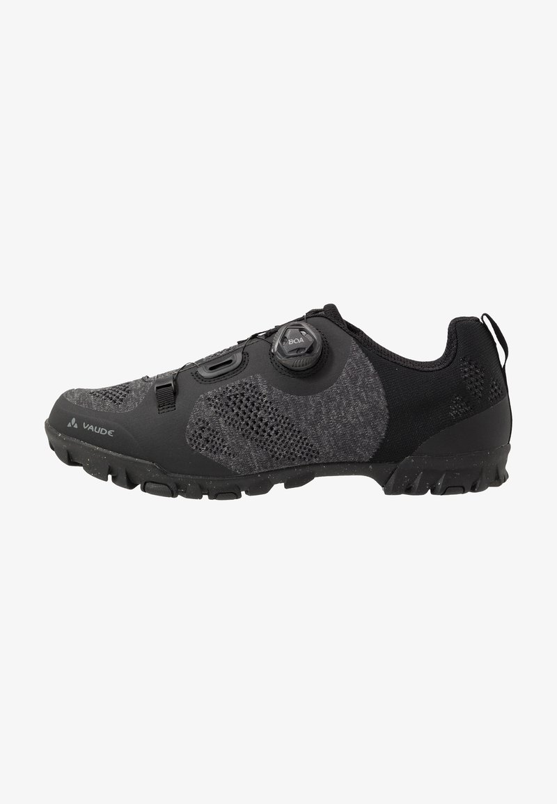 Black cycling shoe with mesh fabric and synthetic material. Features a Boa closure system and textured outsole for grip and traction.