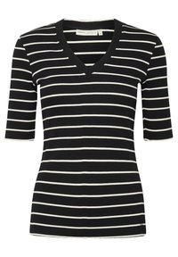 Svart- och vitrandig kortärmad topp med V-ringning, ribbad textur och kontrastdetaljer vid ärmslut och nederkant.