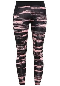 Czarne legginsy z wysokim stanem z abstrakcyjnym różowym wzorem pędzla równomiernie rozłożonym na materiale.