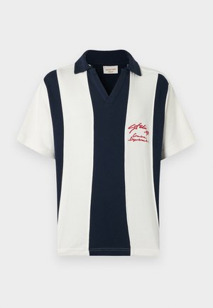 Marineblaue und weiß gestreifte Poloshirt mit V-Ausschnitt, kurzen Ärmeln und rotem besticktem Logo auf der Brust. Aus Baumwollmischstoff.