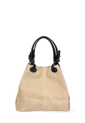 Borsa a tracolla beige intrecciata con un motivo a griglia texturizzato, manici in pelle nera e dettagli circolari. Materiale morbido e design spazioso.