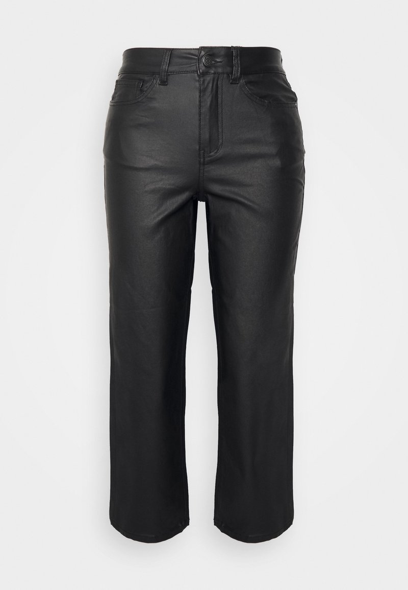 Pantalons cropped en simili cuir noir avec une taille haute, un design à jambes droites, des poches avant et une fermeture à bouton en métal. Texture lisse.