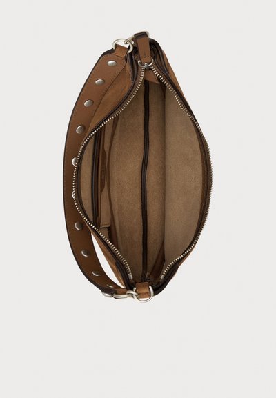 Brown leather bag with a smooth texture and silver hardware. Features a zip closure and two compartments with a simple, rounded shape.