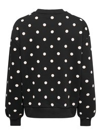 Sweat-shirt noir à pois blancs, col et poignets côtelés, coupe décontractée, avec une texture douce en mélange de coton pour le confort.