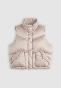 Puffy mouwloos vest in lichtroze, met een hoge kraag, twee knoopzakken aan de voorkant en een gladde, glanzende stoftextuur.