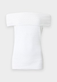 Λευκό υφασμάτινο τοπ με ανοιχτούς ώμους, ευρύ διπλωμένο ντεκολτέ και κοντά μανίκια, με πλεκτό μοτίβο.