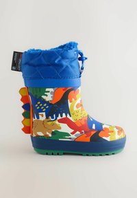 Kleurige regenlaarsjes voor kinderen met een rubberen onderkant met dino-print, een blauwe gewatteerde bovenkant en een groene gestructureerde zool.