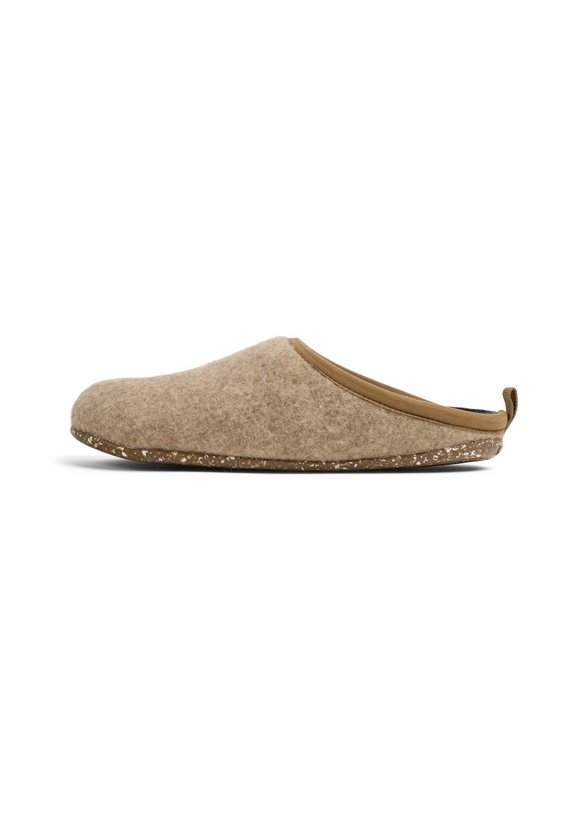 Brown wool felt slipper with a rounded shape, thin brown edge, soft texture, and a speckled rubber sole.