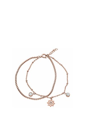 Roségoldenes Doppelkettenarmband mit einem Blumenanhänger und zwei runden Kristallanhängern, mit Karabinerverschluss und verstellbaren Gliedern.