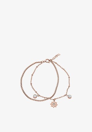 Roségoldenes Doppelkettenarmband mit einem Blumenanhänger und zwei runden Kristallanhängern, mit Karabinerverschluss und verstellbaren Gliedern.