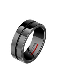 Anello nero con un design elegante e liscio, caratterizzato da due scanalature orizzontali. L'interno mostra il logo "SECTOR" con accenti grigi e rossi.