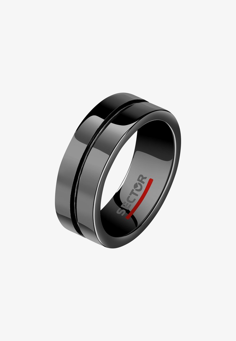 Anello nero con un design elegante e liscio, caratterizzato da due scanalature orizzontali. L'interno mostra il logo "SECTOR" con accenti grigi e rossi.