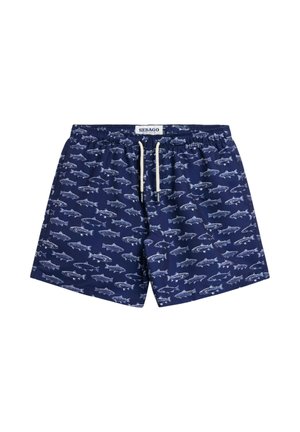 Costume da bagno blu navy con motivo di pesci bianchi, vita elastica, coulisse bianca ed etichetta del marchio Sebago in vita.