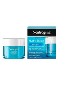 Neutrogena Hydro Boost Water Gel i en rund, klar burk med en teal-baserad botten. Förpackningen har en teal och svart design med grafiska vattendroppar.