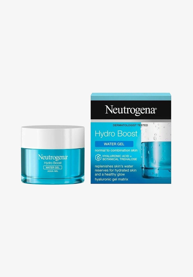 Neutrogena Hydro Boost Water Gel i en rund, klar burk med en teal-baserad botten. Förpackningen har en teal och svart design med grafiska vattendroppar.