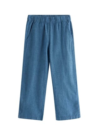 Blå bukser med vide ben, elastisk talje og sidelommer, lavet af blødt denim-lignende stof.