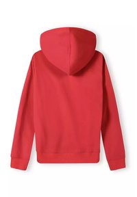 Czerwona bluza z kapturem z gładką fakturą materiału, długimi rękawami, ściągaczami u mankietów i pojemnym kapturem. Widok z tyłu ukazuje prosty, jednolity wzór.