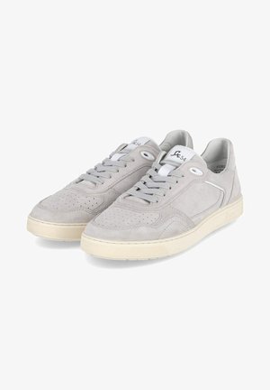 Gray suede sneakers with perforated detailing and a white rubber sole. Features gray laces and a subtle logo on the tongue.