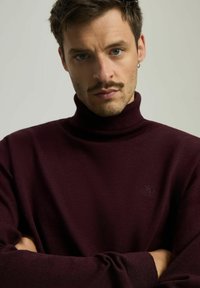 Mężczyzna z krótkimi brązowymi włosami, wąsem i kolczykiem w kształcie kółka, ubrany w ciemnofioletowy sweter z golfem, z rękami skrzyżowanymi na piersi.