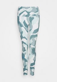Leggings camouflage nei toni del teal, bianco e grigio. Tessuto morbido e elasticizzato con un'alta vita e un piccolo logo blu vicino alla caviglia.