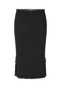 Jupe noire longue jusqu'aux chevilles, confectionnée dans un tissu texturé, avec un ourlet festonné et des fentes sur les côtés pour plus de mobilité.