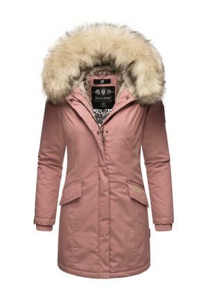 Pink parka jacket with a fur-lined hood, made of smooth fabric. Features front pockets, ribbed cuffs, and a zipper closure with snaps.
