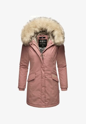 Pink parka jacket with a fur-lined hood, made of smooth fabric. Features front pockets, ribbed cuffs, and a zipper closure with snaps.